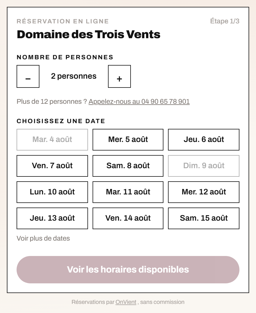 Le module de réservation OnVient sur le site de le Domaine des Trois Vents
