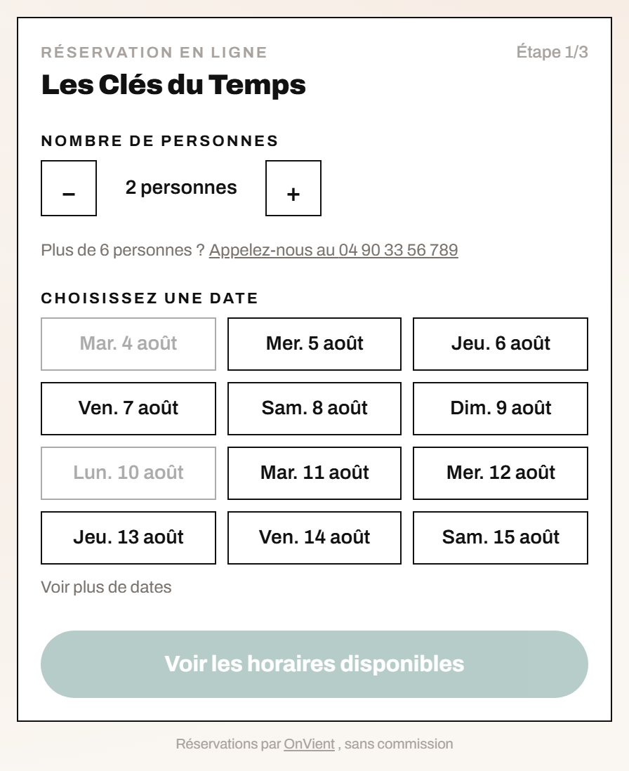 Le module de réservation OnVient sur le site de Les Clés du Temps