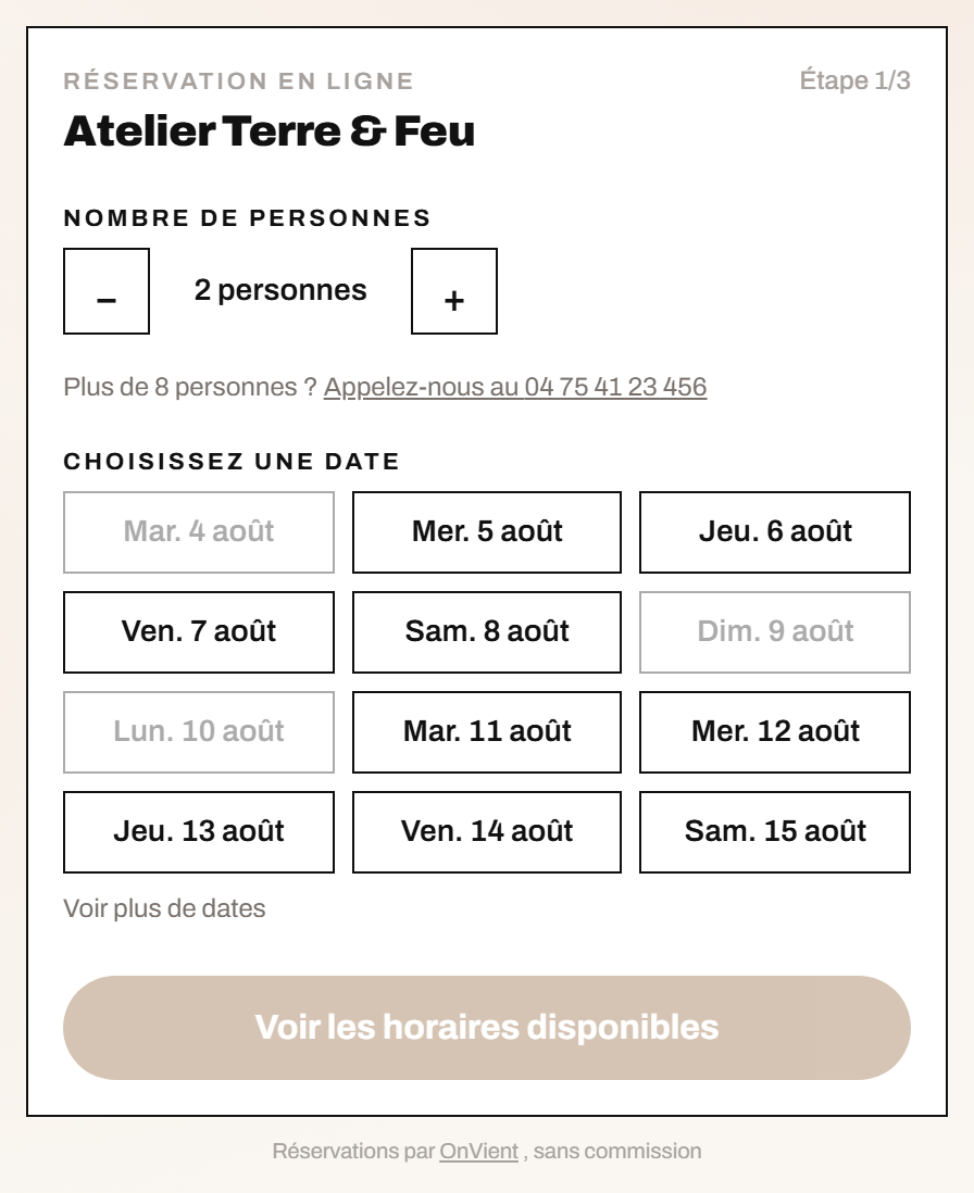 Le module de réservation OnVient sur le site de l’Atelier Terre & Feu
