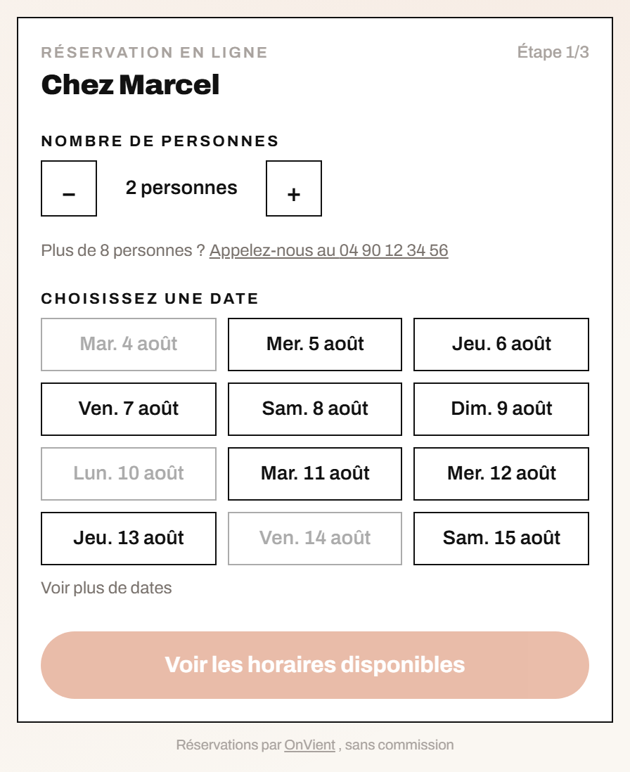 Le module de réservation OnVient sur le site de Chez Marcel