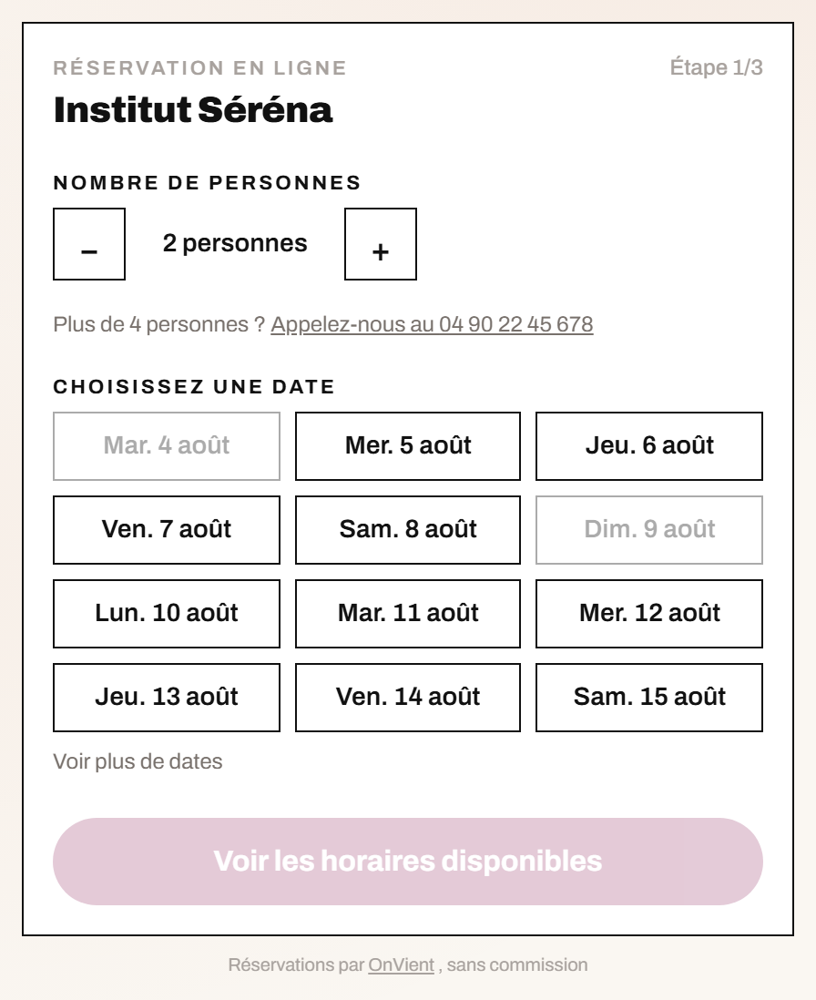 Le module de réservation OnVient sur le site de l’Institut Séréna