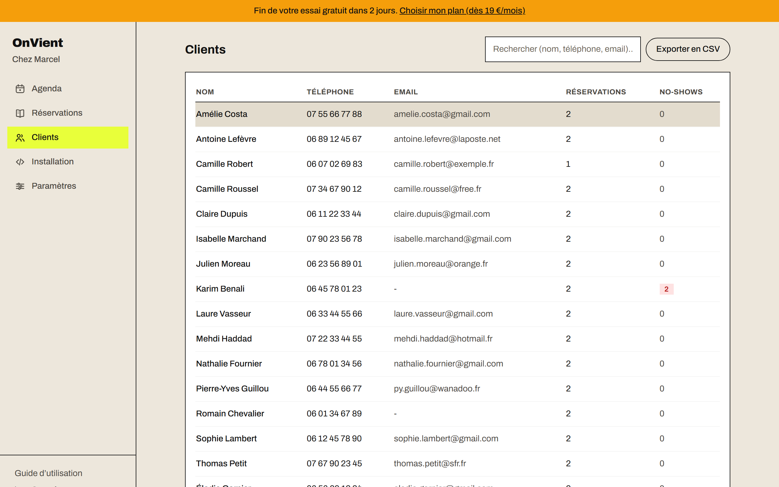 La page Clients : la liste de vos clients et le bouton d’export