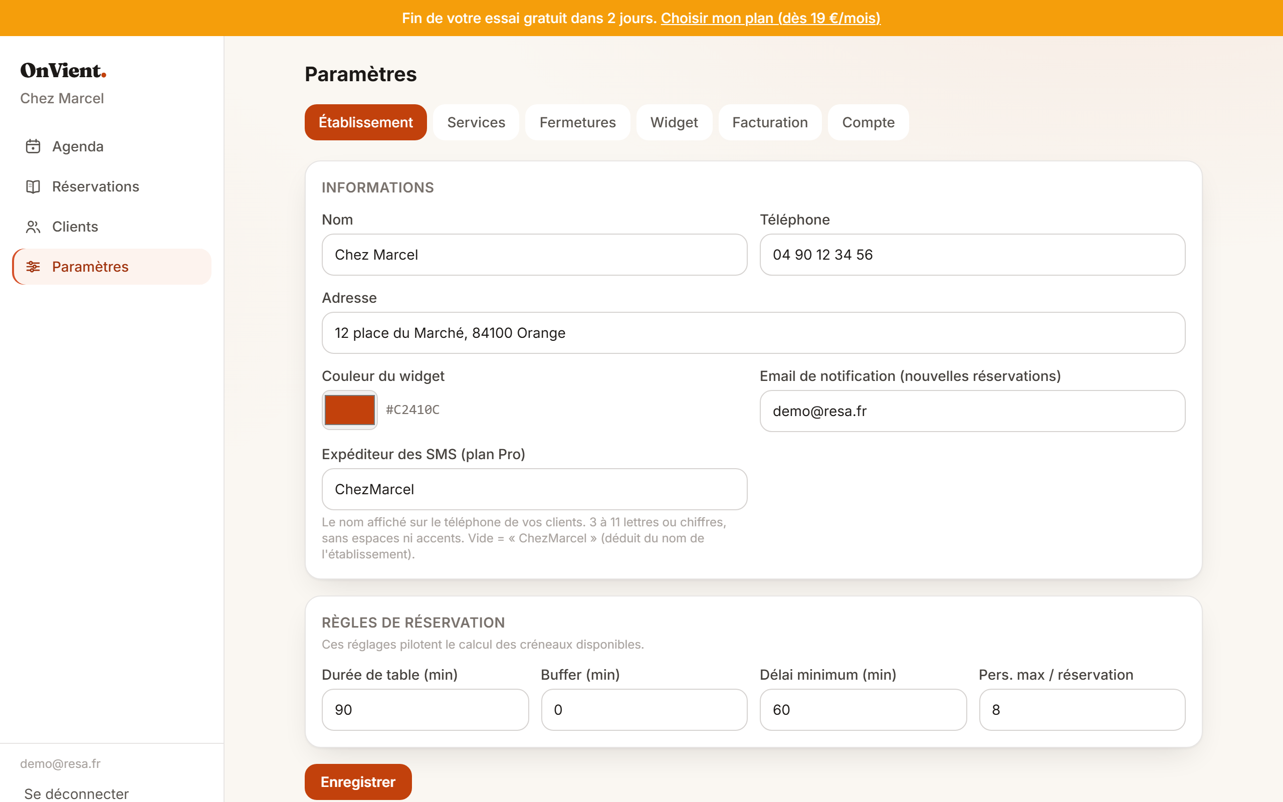 L'onglet Établissement des paramètres