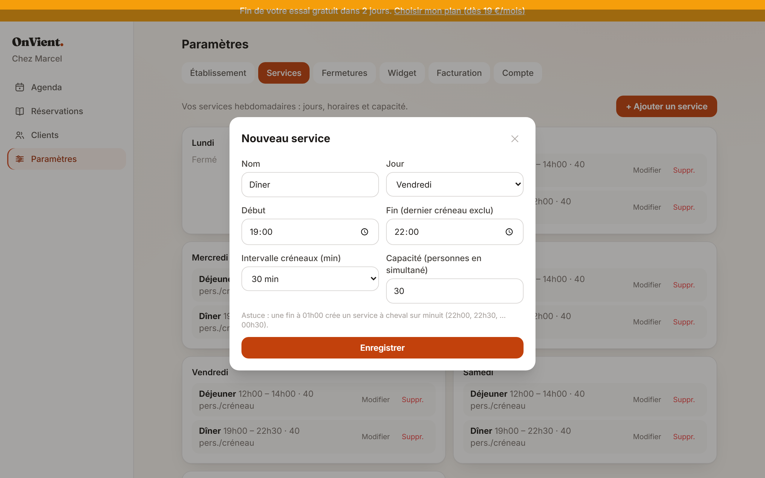 La fenêtre de réglage d'un service