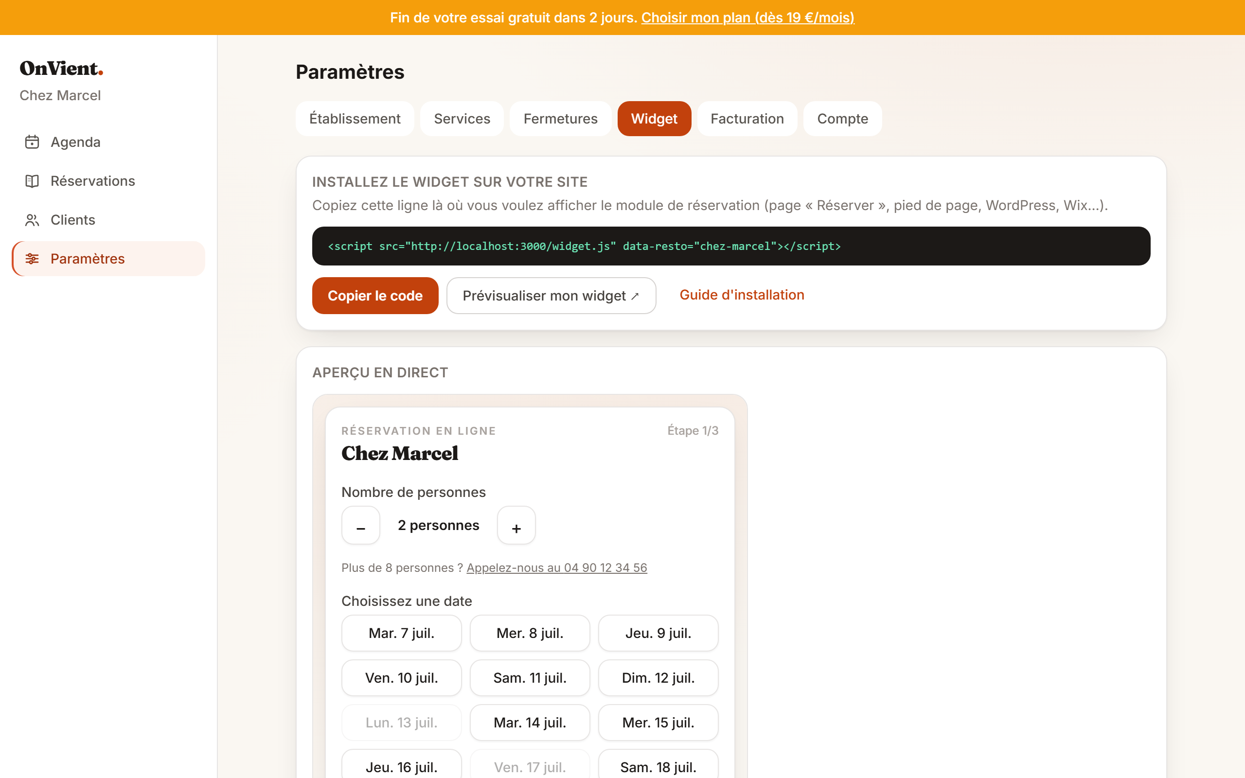 L'onglet Widget : votre code d'installation et l'aperçu